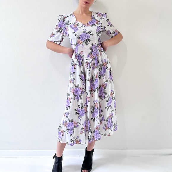 Vintage Dresses & Skirts - Vintage Floral Pastel Lilac Drop Waist Maxi Dress size Medium